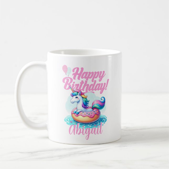 Whimsical Unicorn Doughnut Cute Rainbow Pool Party Coffee Mug (Left)