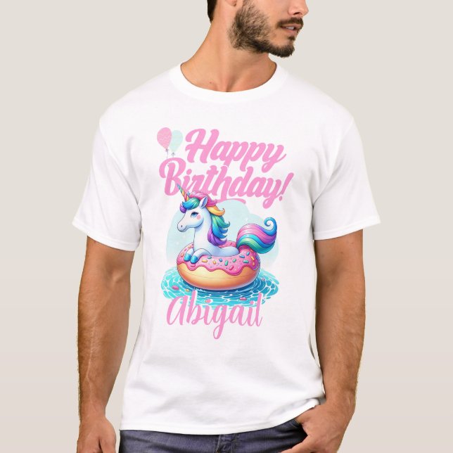 Whimsical Unicorn Doughnut Cute Rainbow Pool Party T-Shirt (Front)