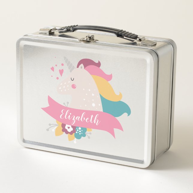 Whimsical Unicorn | Floral Personalised Metal Lunch Box (Front)