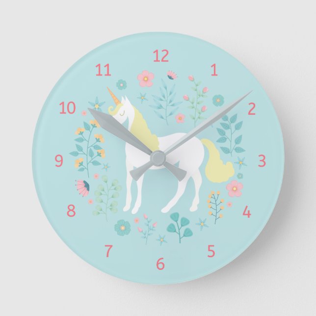 Whimsical Unicorn & Flowers Aqua Round Clock (Front)