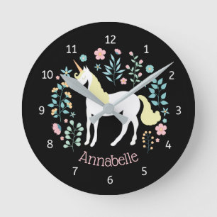 Whimsical Unicorn & Flowers Black Personalised Round Clock