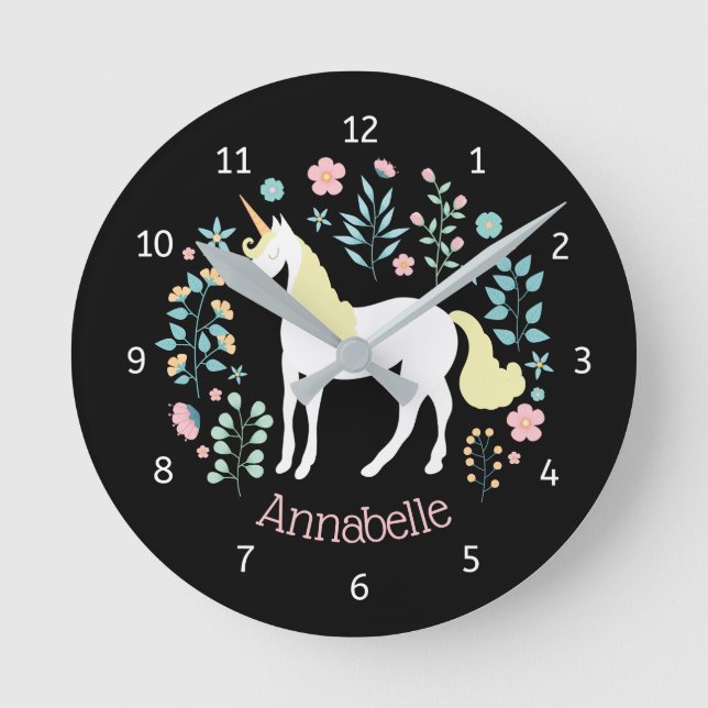 Whimsical Unicorn & Flowers Black Personalized Round Clock (Front)
