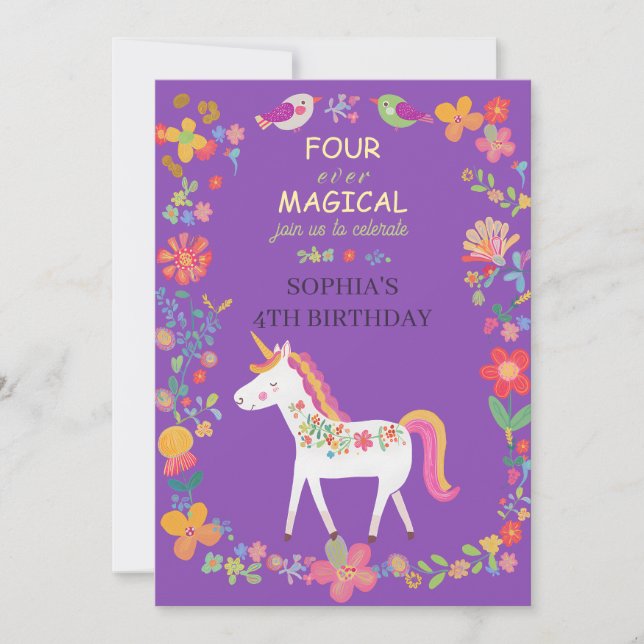 Whimsical Unicorn & Flowers Invitation  (Front)