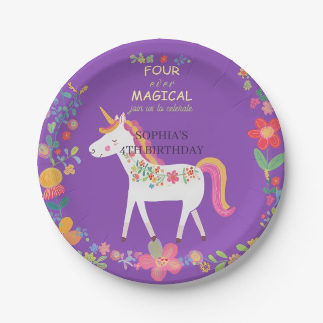 Whimsical Unicorn & Flowers Invitation  Paper Plate (Front)