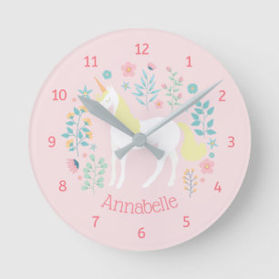 Whimsical Unicorn & Flowers Pink Personalised Round Clock