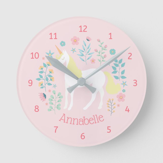 Whimsical Unicorn & Flowers Pink Personalised Round Clock (Front)