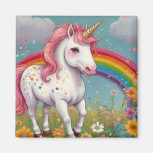 Whimsical Unicorn in Rainbow Floral Meadow Magnet