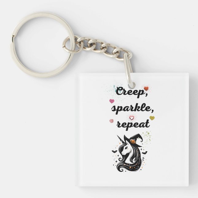 Whimsical Unicorn Line Art – "Creeper, Sparkle, Re Key Ring (Front)