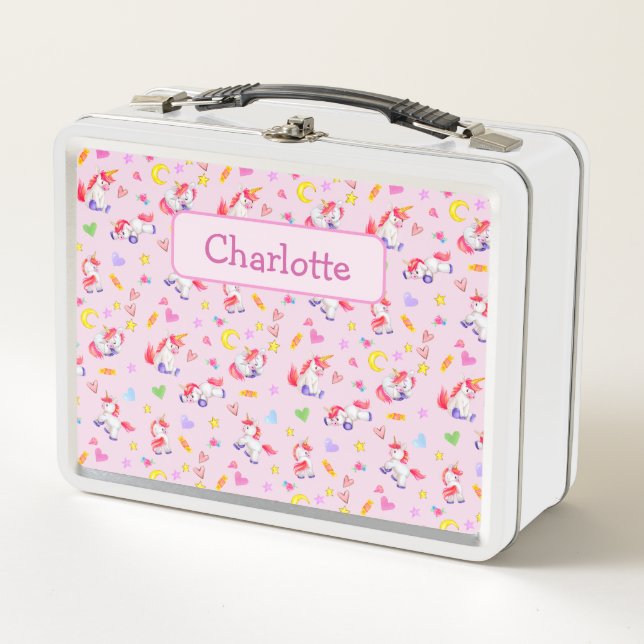  Whimsical Unicorn Pattern Pink Personalised Metal Lunch Box (Front)