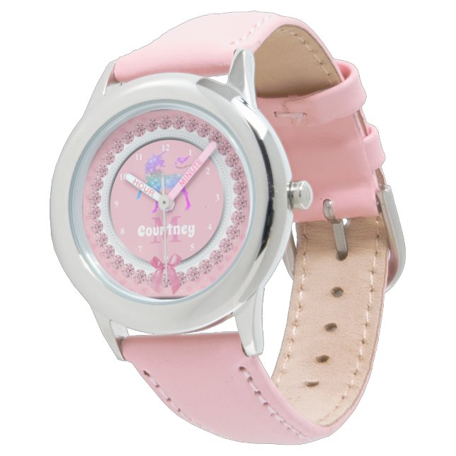 Whimsical Unicorn Pink Personalised Girls Watch (Angled)