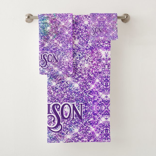 Whimsical unicorn purple glitter monogram bath towel set (Insitu)