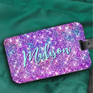 Whimsical unicorn purple glitter monogram luggage tag