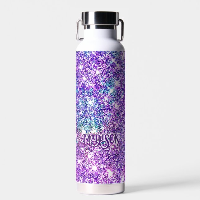 Whimsical unicorn purple glitter monogram water bottle (Front)