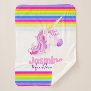 Whimsical unicorn rainbow stripes sherpa blanket