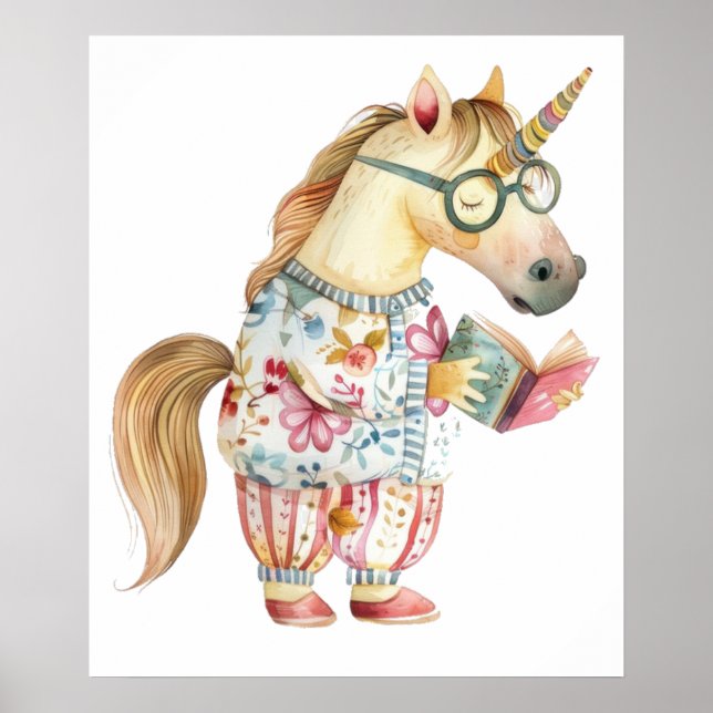 Whimsical unicorn reading book poster (Front)