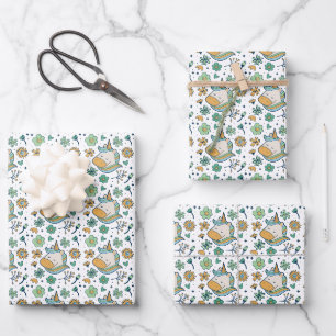 Whimsical Unicorn & Retro Floral Pattern Wrapping Paper Sheet