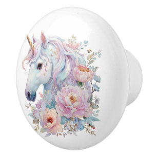 Whimsical Unicorn with Pastel Floral Accents Ceramic Knob