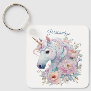 Whimsical Unicorn with Pastel Floral Accents Key Ring