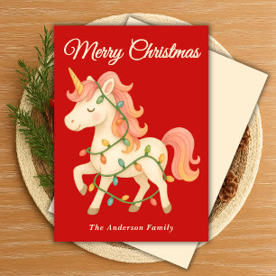Whimsical Unicorn with String Lights Christmas  Holiday Card