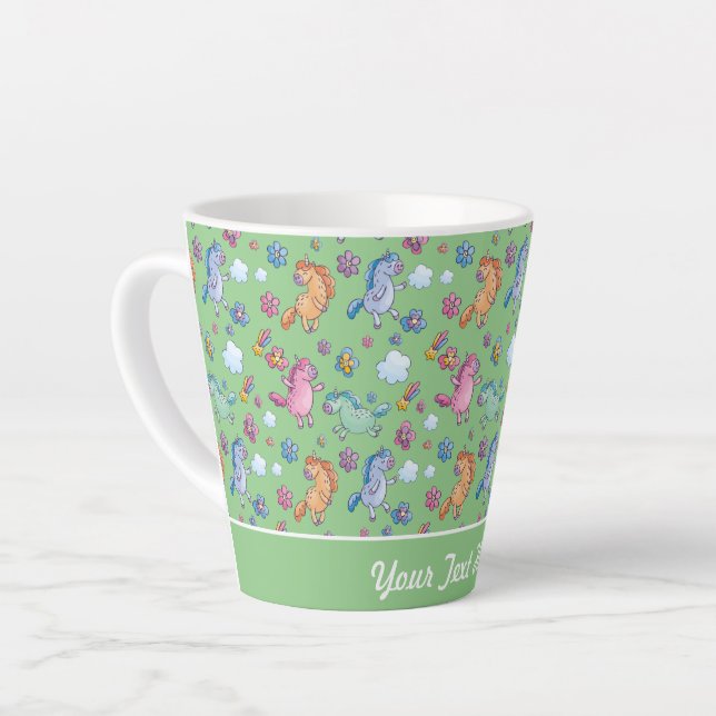 Whimsical Unicorns and Bright Pretty Flowers Latte Mug (Left Angle)