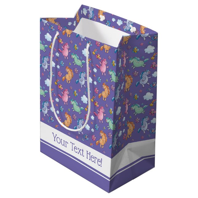Whimsical Unicorns and Bright Pretty Flowers Medium Gift Bag (Back Angled)