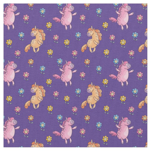 Whimsical Unicorns and Pretty Flowers Pattern Fabric (Close Up)
