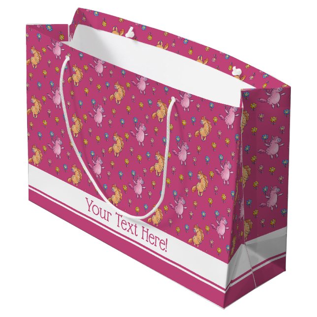 Whimsical Unicorns and Pretty Flowers Pattern Large Gift Bag (Back Angled)