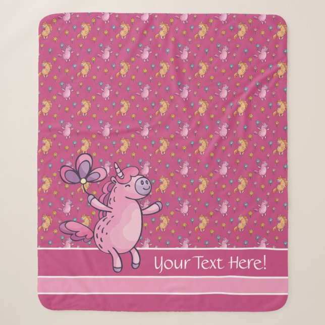 Whimsical Unicorns and Pretty Flowers Pattern Sherpa Blanket (Front)