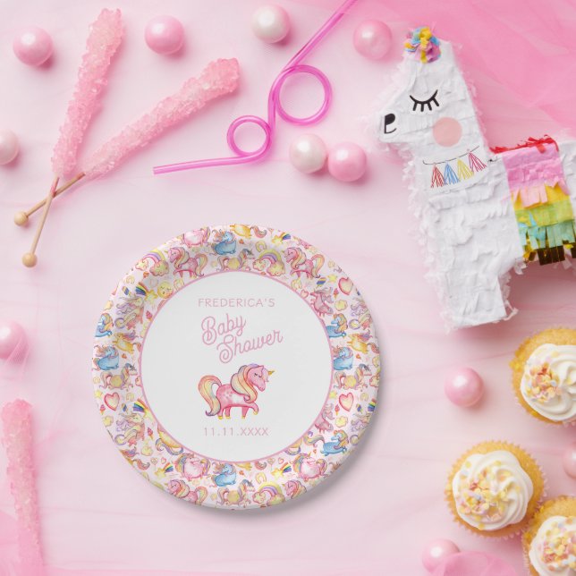 Whimsical Unicorns Girl Baby Shower Paper Plate (Party)