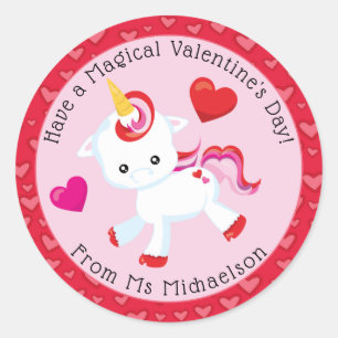 Whimsical Valentine Magical Unicorn Hearts Classic Round Sticker