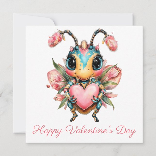 Whimsical Valentine`s Day Bug Heart Card (Front)