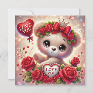 Whimsical Valentine teddy bear with red heart  Holiday Card