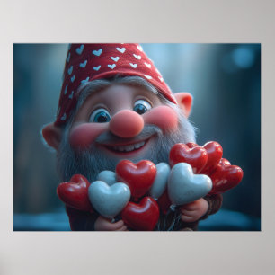 Whimsical Valentine's Gnome with Heart Balloons Poster