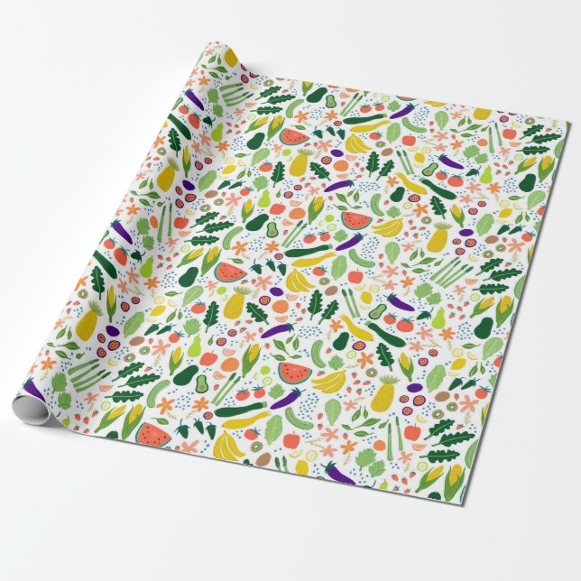 Whimsical Vegetables & Fruits Pattern Wrapping Paper (Unrolled)