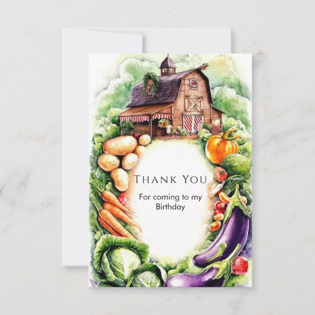 Whimsical Veggies Farmers Market Birthday Thank You Card (Front)