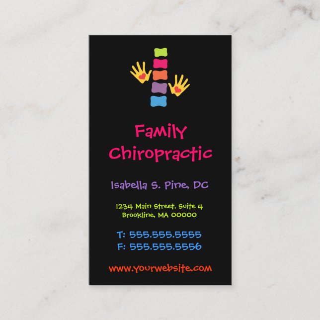 Whimsical Vertical Chiropractic Business Cards (Front)