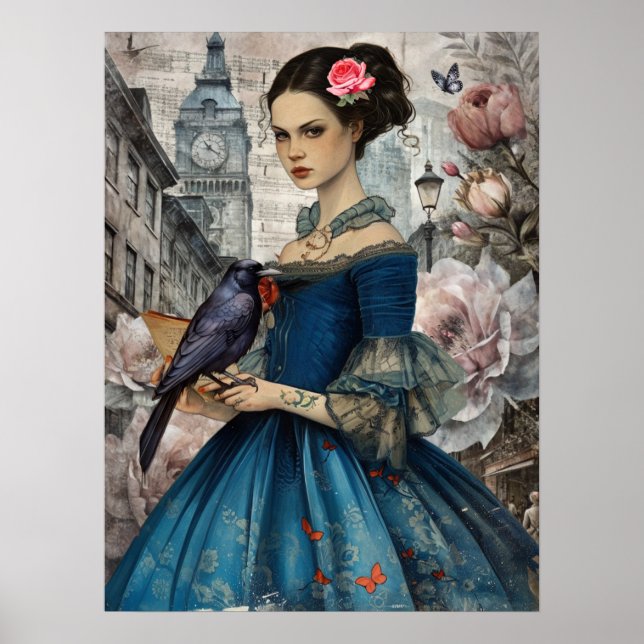 Whimsical Victorian Gothic Girl & Florals London Poster (Front)