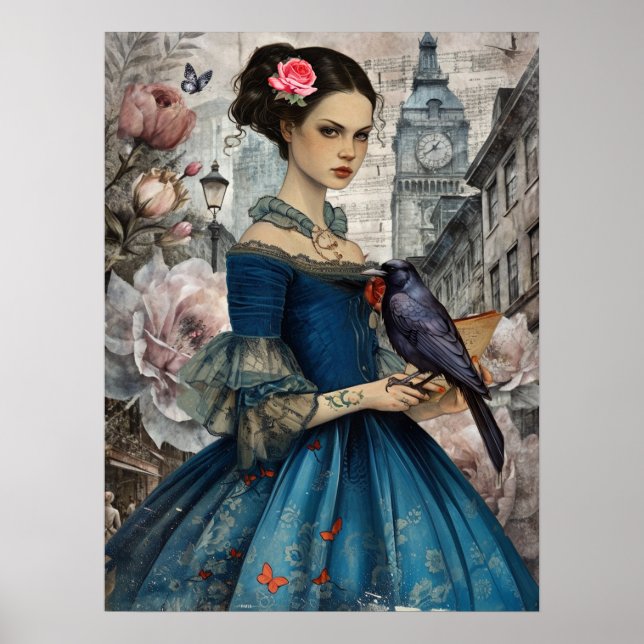 Whimsical Victorian Gothic Girl & Florals London Poster (Front)