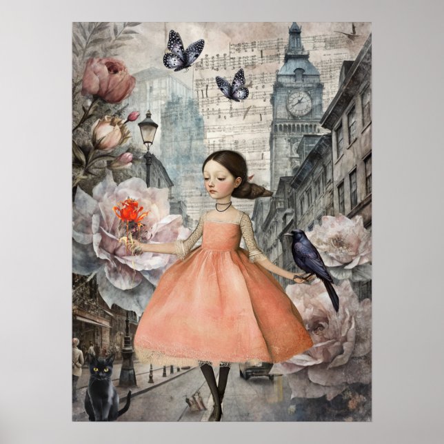 Whimsical Victorian Gothic Girl & Florals London Poster (Front)