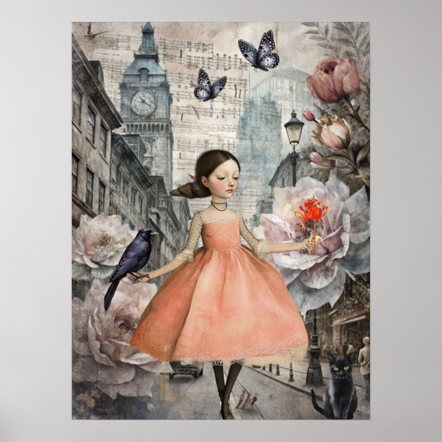 Whimsical Victorian Gothic Girl & Florals London Poster (Front)