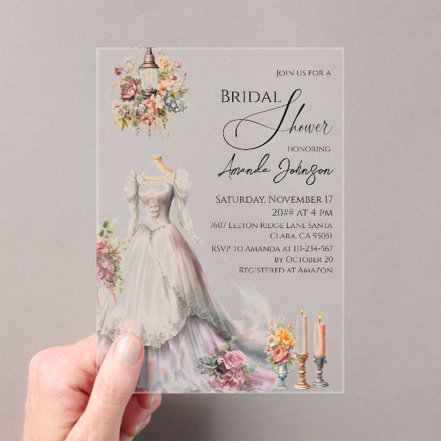 Whimsical Victorian Wedding Dress Bridal Shower Acrylic Invitations (Insitu (Handheld))