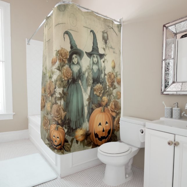 Whimsical Victorian Witches Pumpkin Roses Shower Curtain (In Situ)