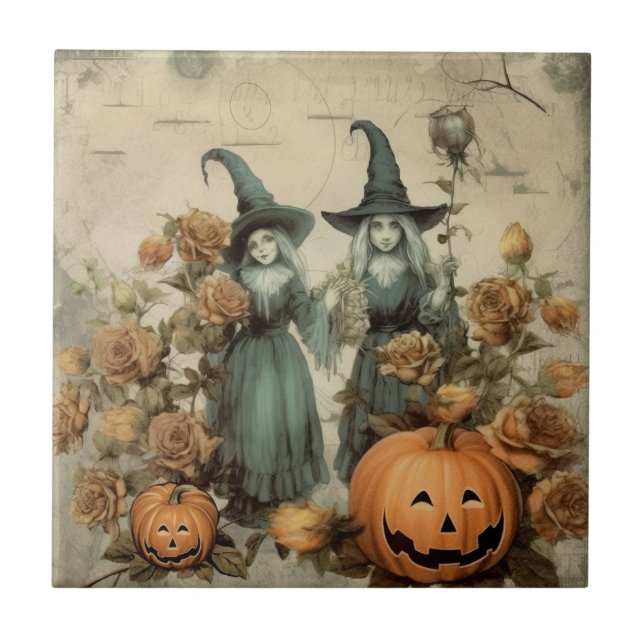 Whimsical Victorian Witches Pumpkin Roses Tile (Front)