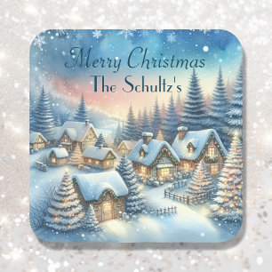 Whimsical Village Christmas Personalised Square Sticker