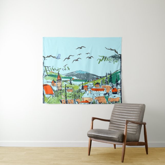 Whimsical Village Landscape Illustration Tapestry (In Situ (Horizontal))