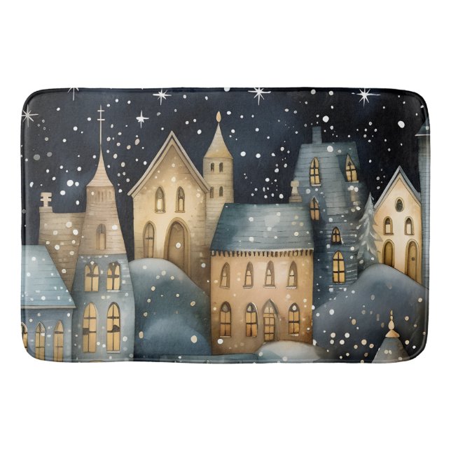 Whimsical Village Starry Skies Navy Gold Bath Mat (Front)