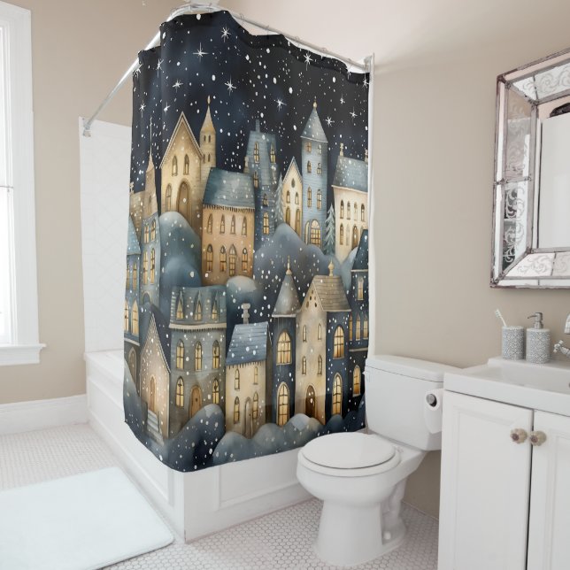 Whimsical Village Starry Skies Navy Gold Shower Curtain (In Situ)