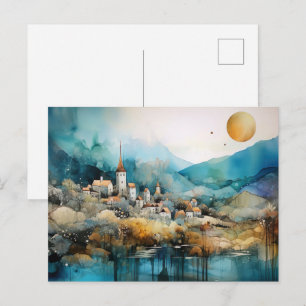 Whimsical Village Watercolor Postcard 