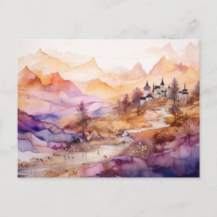 Whimsical Village Watercolor Postcard 