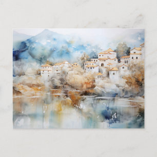 Whimsical Village Watercolor Postcard 